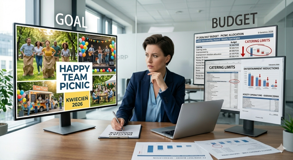 Cel kontra budżet pikniku firmowego - piknik firmowy uczestnicy i organizacja pokazująca zależność celu i budżet